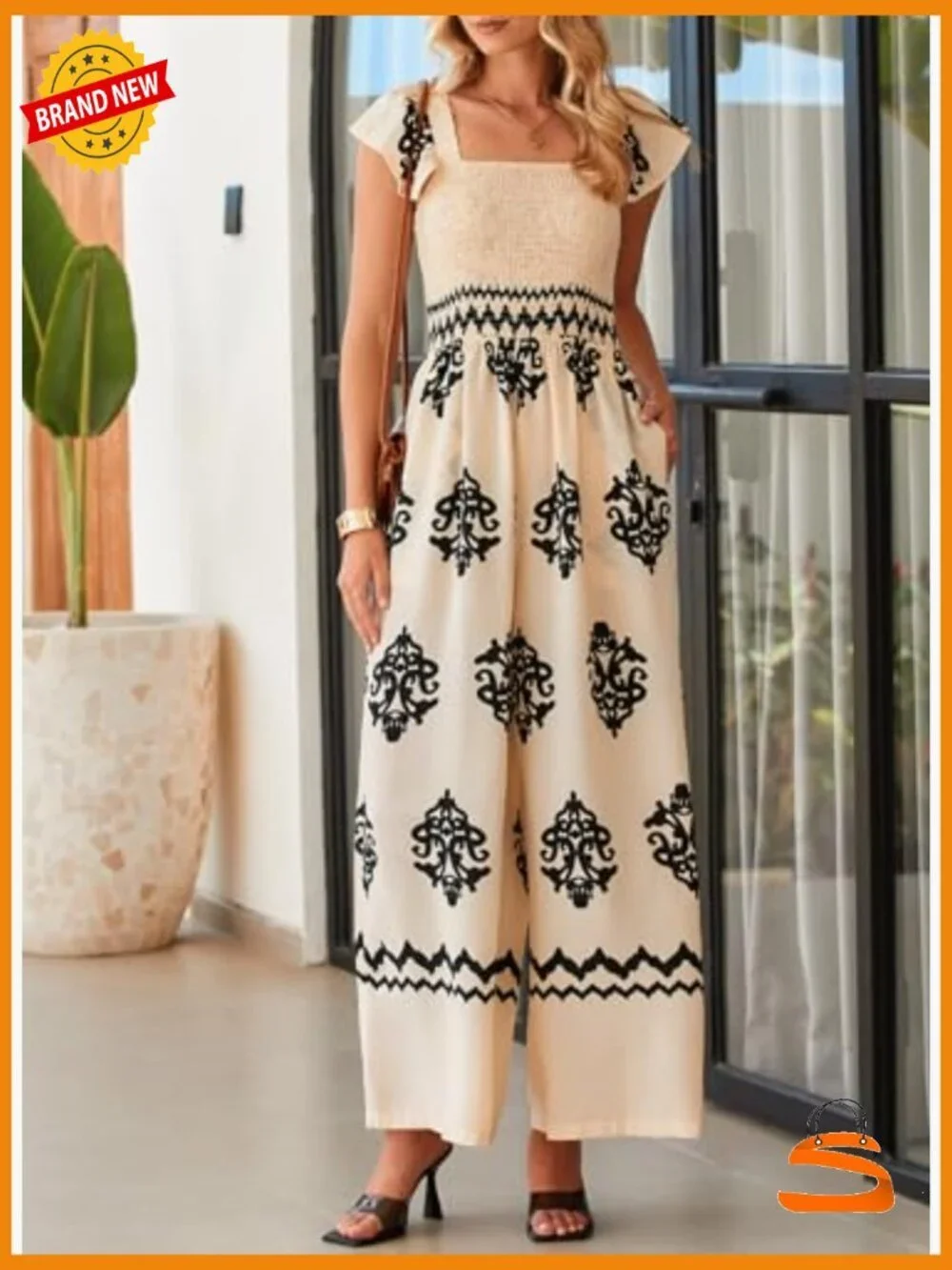 Womens Summer Jumpsuit Square Neck Wide Leg Pockets Vacation Outfits Romper - Picture 5 of 7